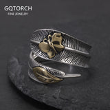Real 925 Silver Feather Leaf Open Ring for Women Gold Butterfly Fashion Bohemia Vintage Retro Adjustable Fashion Party Jewelry