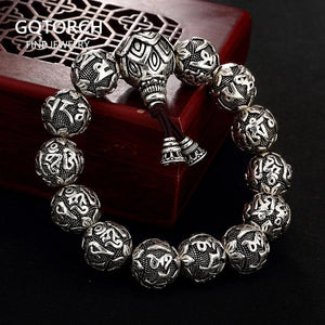 Real Solid 990 Silver Buddhist Bracelet Mens Mantra Beads Carved Six Words Om Mani Padme Hum For Tibetan Prayer Elastic Rope - GQTORCH Jewelry