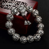 Real Solid 990 Silver Buddhist Bracelet Mens Mantra Beads Carved Six Words Om Mani Padme Hum For Tibetan Prayer Elastic Rope - GQTORCH Jewelry