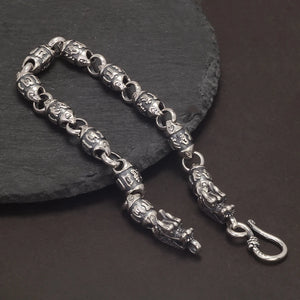 Solid 925 Silver Dragon Heads Six-words Bracelet for Men Women Mantra Beaded Chain Retro Punk Style Unisex Jewelry