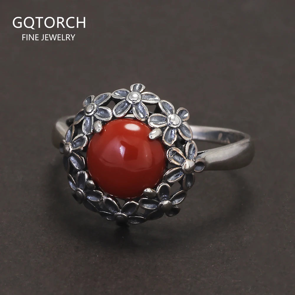 925 Sterling Silver Red Agate or Jade Floral Jewelry Set for Women Begonia Flower Ring Earrings Necklace Elegant Vintage Jewelry