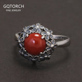 925 Sterling Silver Red Agate or Jade Floral Jewelry Set for Women Begonia Flower Ring Earrings Necklace Elegant Vintage Jewelry