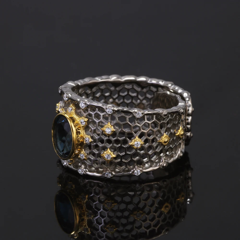 925 Sterling Silver Topaz Stone Women's Wedding Ring Wide Adjustable Hollow Out Luxury Royal Style Vintage Fashion Jewelry