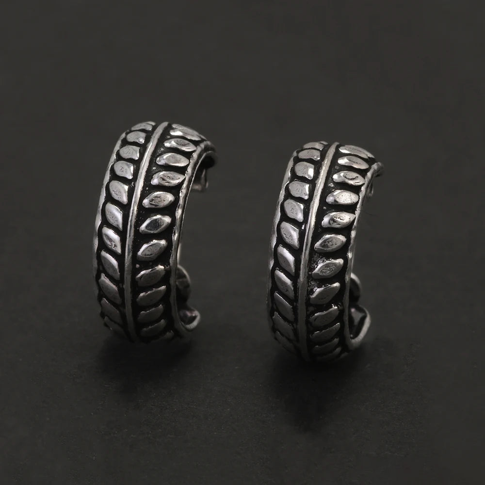 Real 925 Sterling Silver Retro Hoop Earrings for Women Men Geometric Heart Wheat Leaf Whale Vintage Punk Rock Ear Jewelry Gift