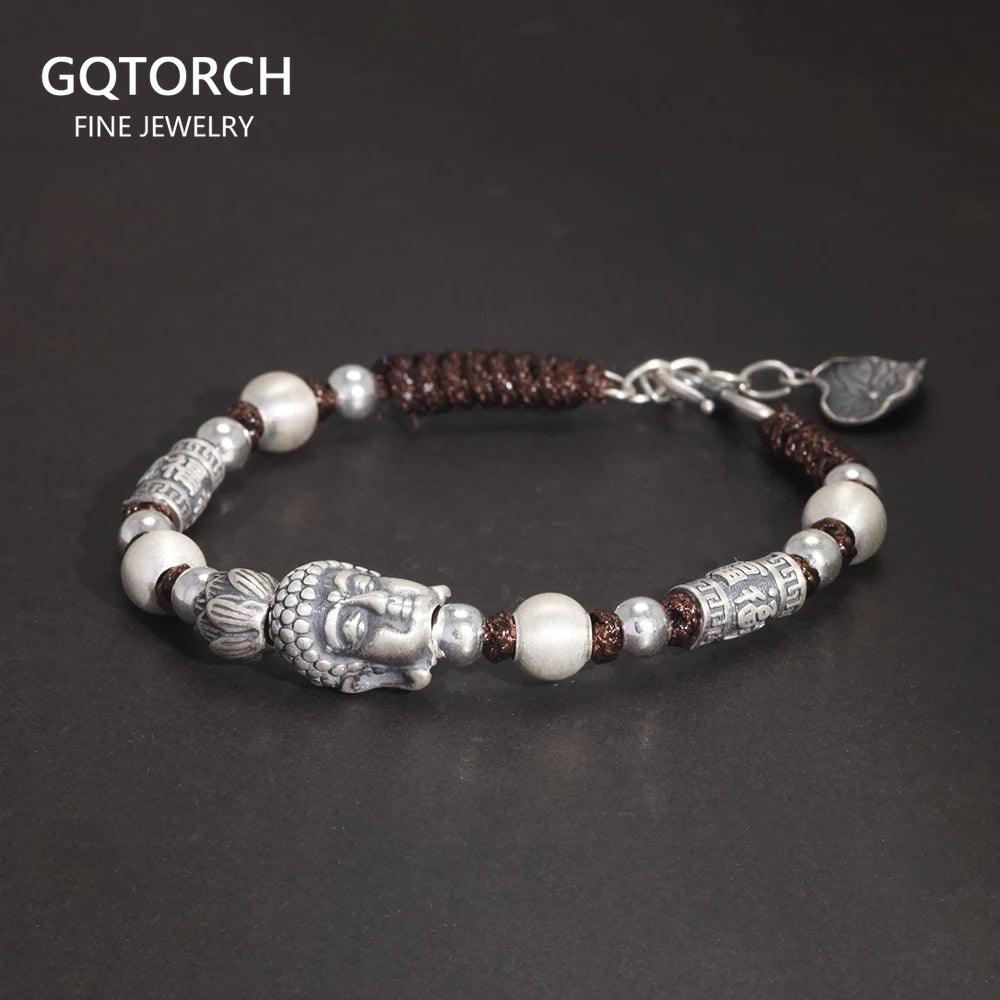 Real 999 Pure Silver Lucky Buddha Handwoven Bracelet for Men and Women Adjustable Lotus Beads Religious Jewelry - GQTORCH Jewelry