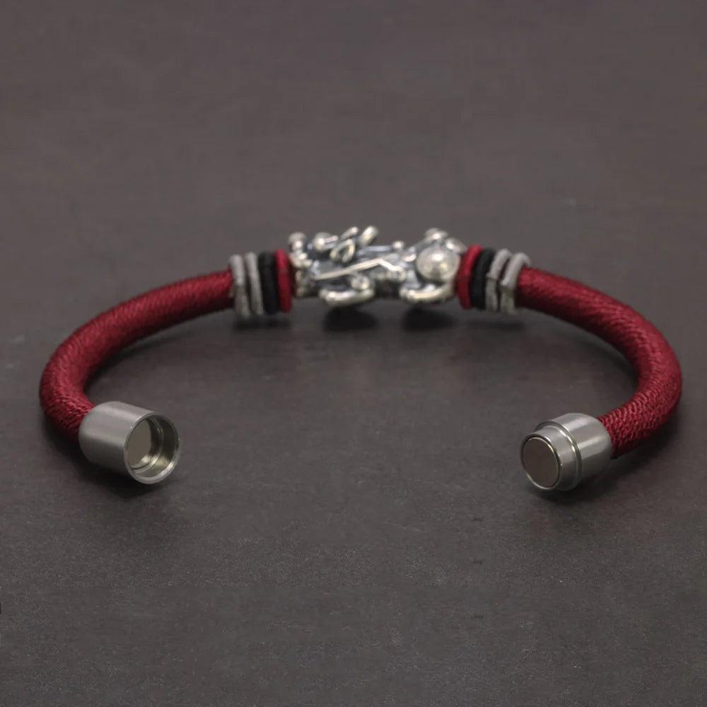 Real 999 Sterling Silver Pixiu Bracelet for Men and Women Magnetic Clasp Hand Braided Lucky Knot Retro Thai Amulet Jewelry - GQTORCH Jewelry