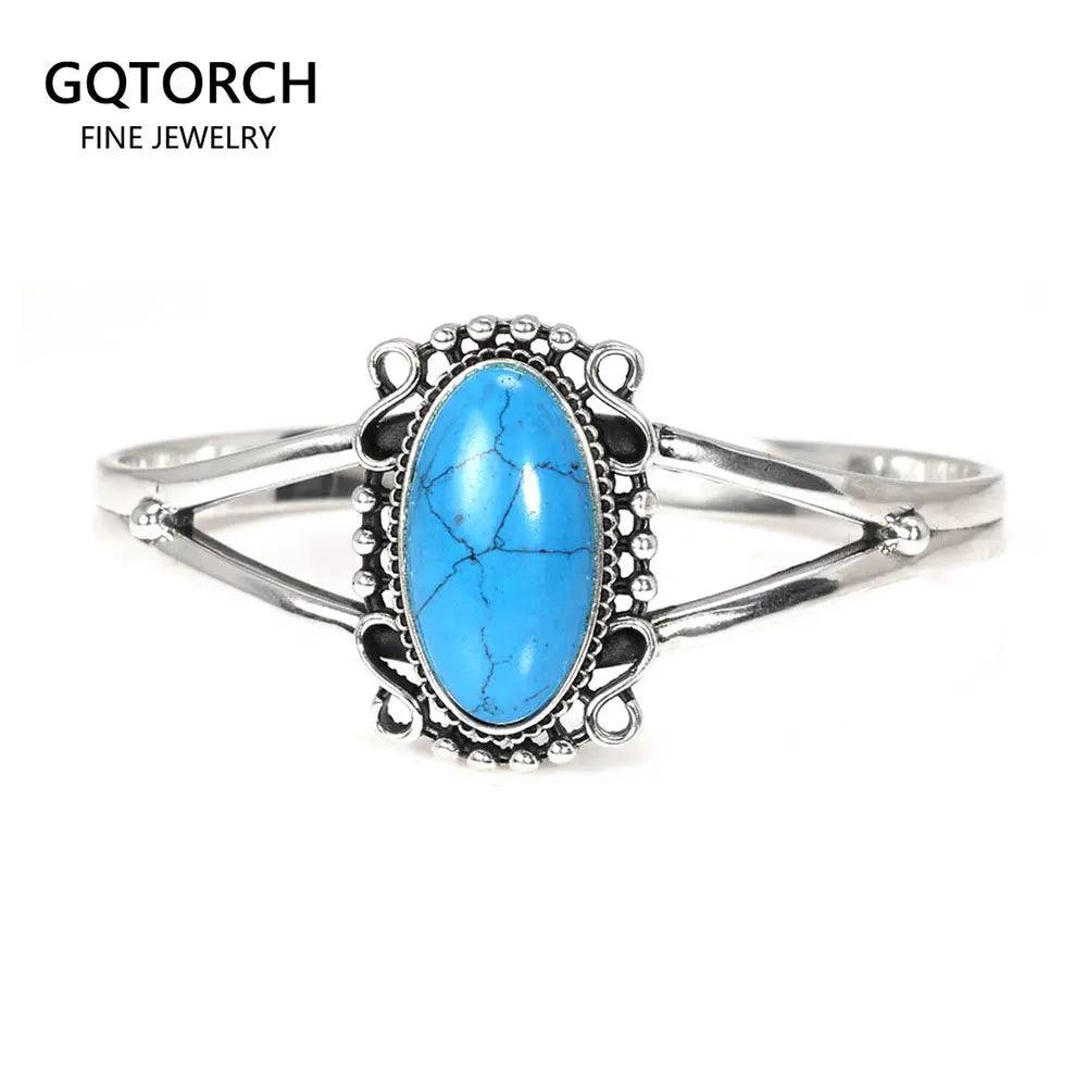 Real 925 Sterling Silver Bella Bangle Adjustable Open Cuff Bracelet With Natural Turquoise Stone Vintage Twilight Jewelry - GQTORCH Jewelry