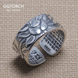 Real 925 Sterling Silver Lotus Rings For Men And Women HEART SUTRA Scriptures Engraved Buddhism Jewelry Size 5-13 - GQTORCH Jewelry