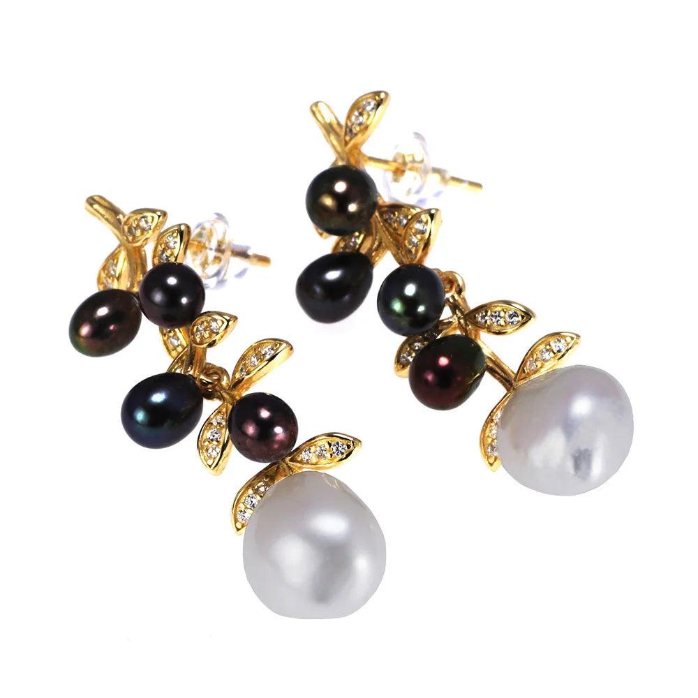 Wholesale 925 Sterling Silver Flower Dangle Earrings For Women With Natural Irregular Baroque Pearl Black and White Colors - GQTORCH Jewelry