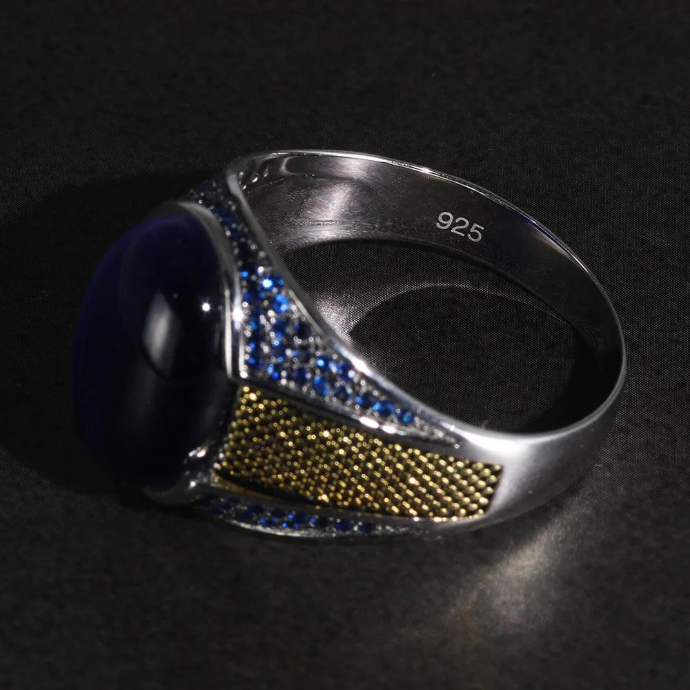 Real Pure Mens Rings Silver S925 Men's Turkey Rings with Natural Blue Tiger Eyes Stone Silver 925 Jewelry - GQTORCH Jewelry
