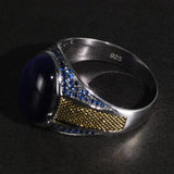 Real Pure Mens Rings Silver S925 Men's Turkey Rings with Natural Blue Tiger Eyes Stone Silver 925 Jewelry - GQTORCH Jewelry