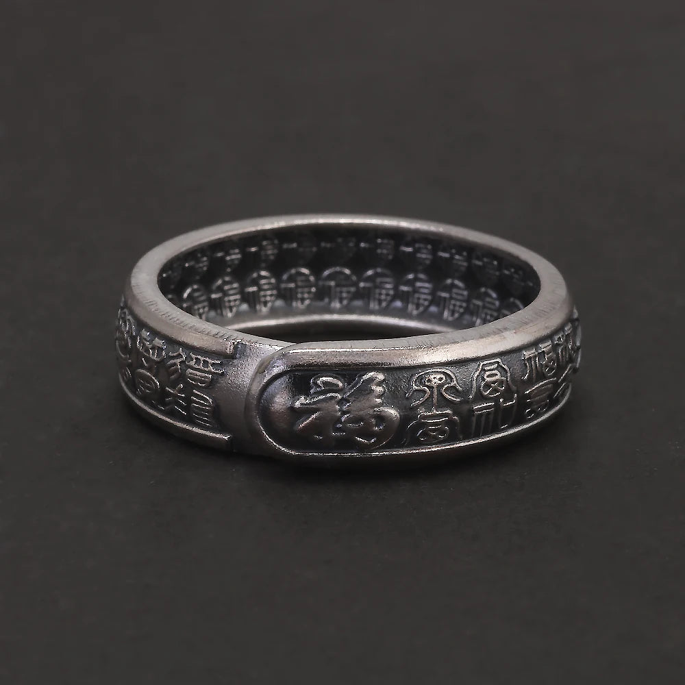 999 Pure Silver Feng Shui Good Luck Ring for Women Men Chinese Calligraphy Character Fu Blessing Adjustable Vintage Jewelry