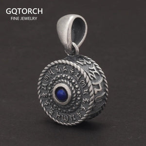 Retro 925 Sterling Silver Six Words Mantra Matte Pendant Necklace with Natural Lapis Lazuli Om Mani Padme Hum Religious Jewelry - GQTORCH Jewelry