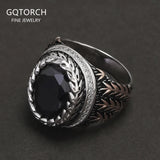 925 Sterling Silver Black Onyx Signet Ring for Men Wheat Engraved Oval Shaped Vintage Turkish Rings Male Jewelry Gift