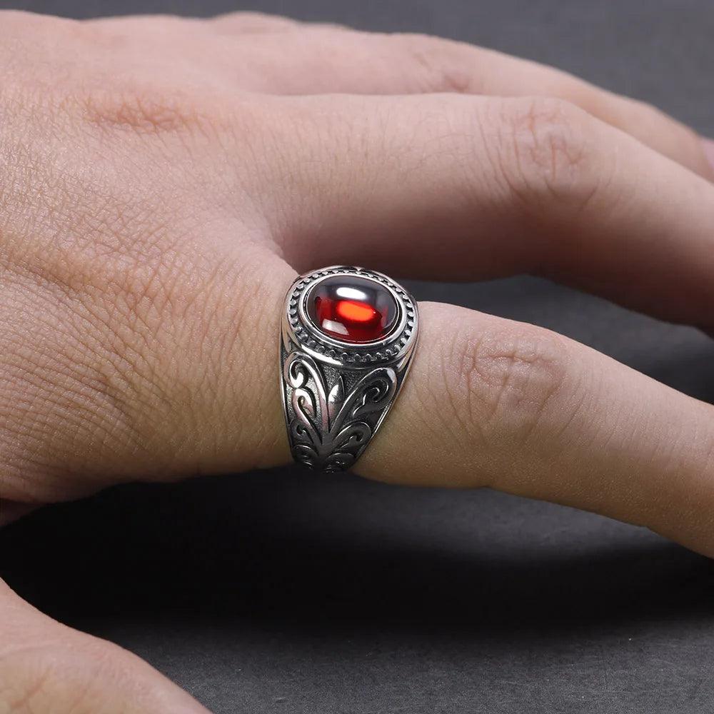 Real 925 Sterling Silver Jewelry Vintage Rings For Men Engraved Flowers With Red Garnet Natural Stone Fine Jewellery - GQTORCH Jewelry