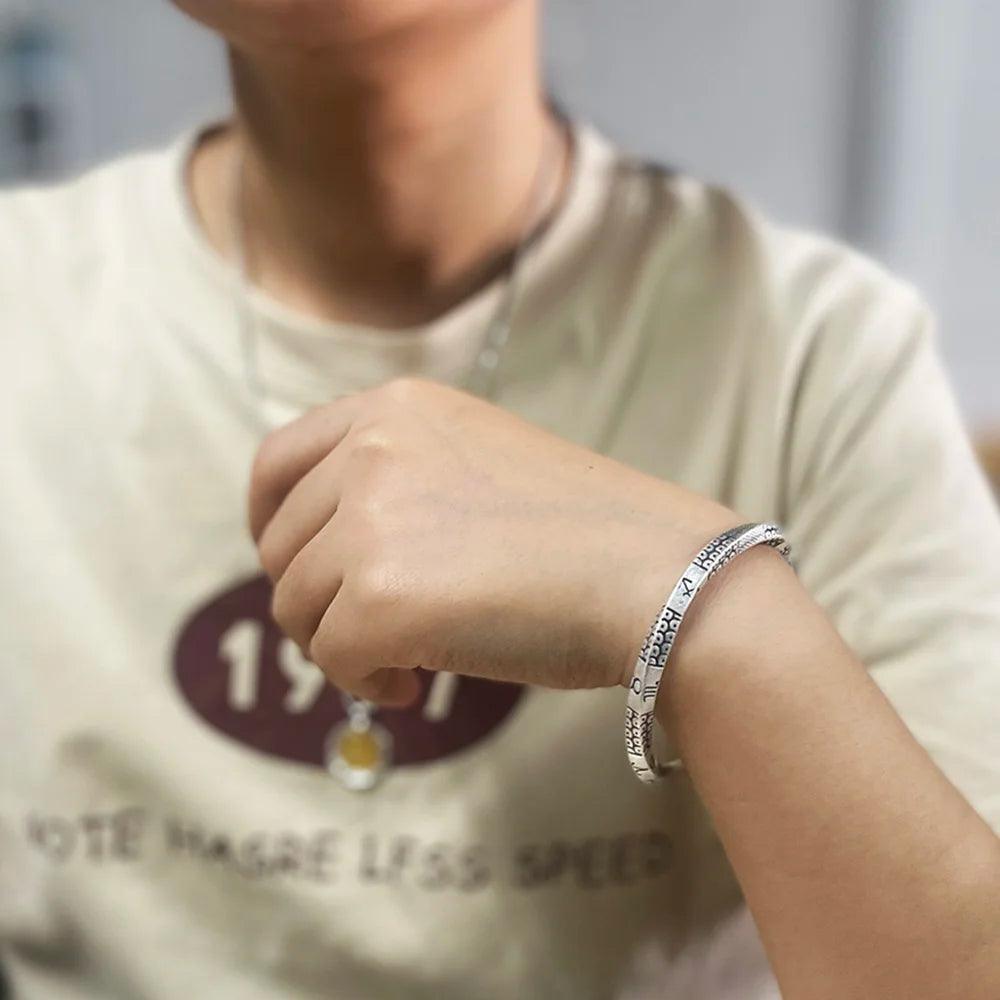 Solid 999 Sterling Silver Constellation Symbol Twisted Bracelet Carved Mobius Open Men Women Bangle Antique Ethnic Jewelry - GQTORCH Jewelry