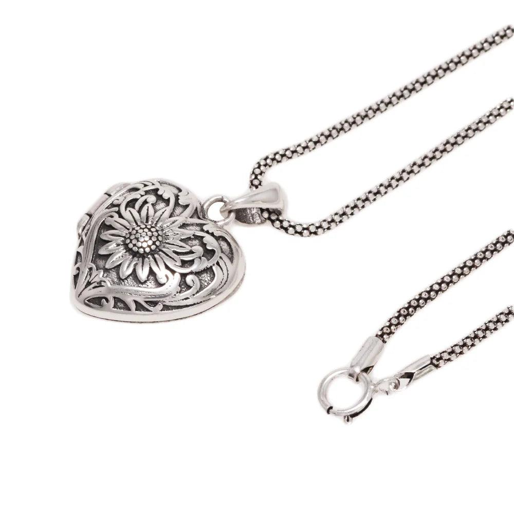 Sunflower Heart Shaped Locket Necklace That Holds Pictures Photo Keep Someone Near to You 925 Sterling Silver Custom Jewelry - GQTORCH Jewelry