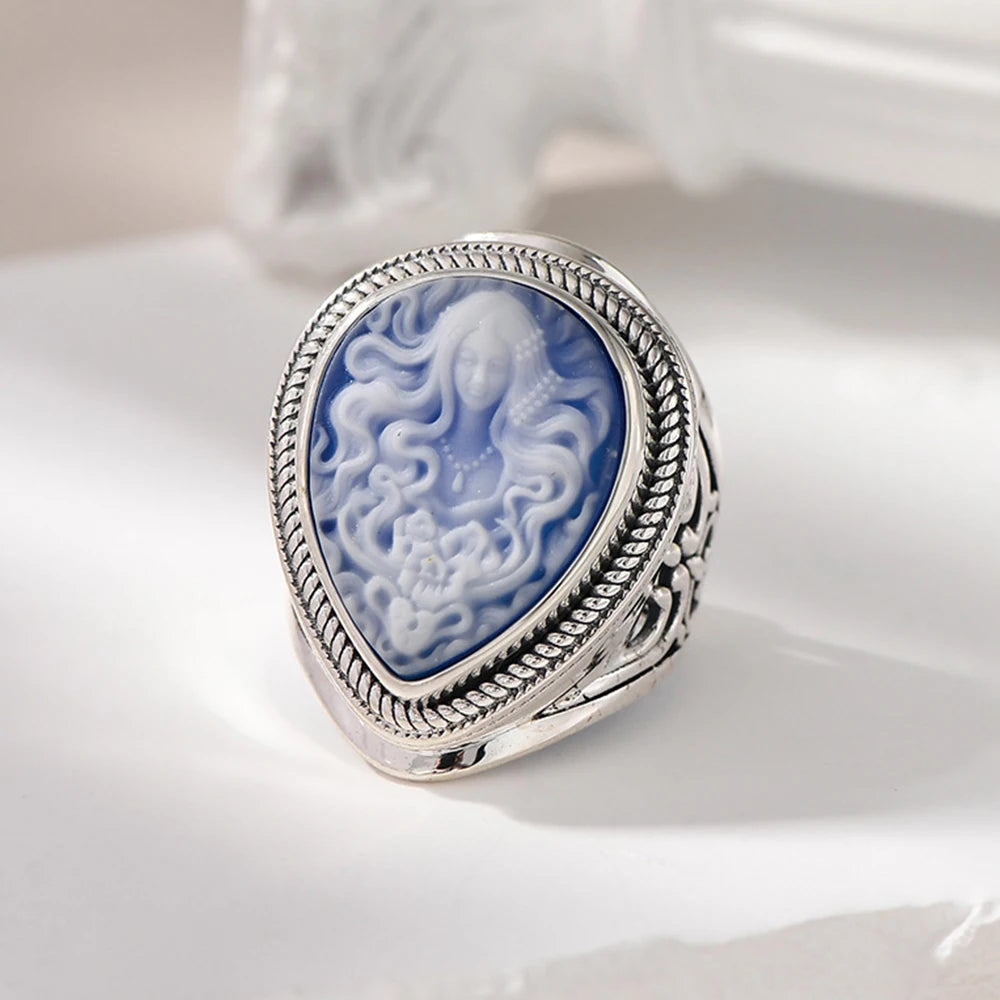 Genuine 925 Sterling Silver Blue Agate Medusa Cameo Ring for Women White Shell Statement Ring Vintage Fashion Party Jewelry