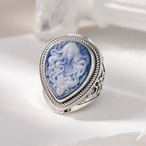 Genuine 925 Sterling Silver Blue Agate Medusa Cameo Ring for Women White Shell Statement Ring Vintage Fashion Party Jewelry
