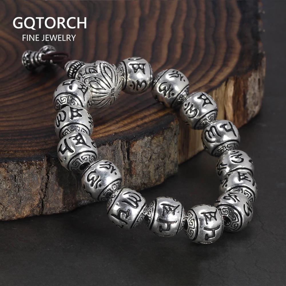Genuine 990 Silver Buddhist Bracelet Men's Rosary Beads Engraved with Six Words Om Mani Padme Hum Prayer Bungee - GQTORCH Jewelry