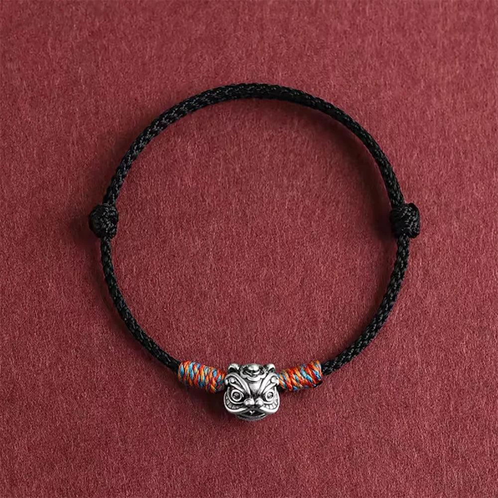 S999 Sterling Silver Lion Handmade Braid Rope Colorful Bracelet for Men and Women Good Luck Retro Animal Jewelry Gift - GQTORCH Jewelry