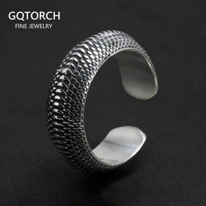 S925 Sterling Silver Dragon Scale Vintage Simple Style Opening Ring Bracelet for Man Size 8-11 Bangle Set Fine Jewelry - GQTORCH Jewelry