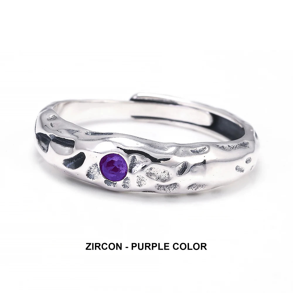 Solid 925 Sterling Silver Zircon Birthstone Ring for Women Irregular Hammered Adjustable Simple Fashion Daily Jewelry Party Gift