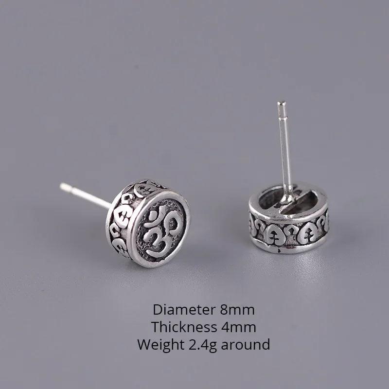 Real 925 Sterling Silver OM Mantra Stud Earrings For Women and Men Retro Antique Style Six-Word Sutra Buddhism Jewelry - GQTORCH Jewelry