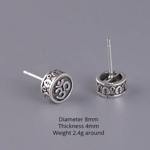 Real 925 Sterling Silver OM Mantra Stud Earrings For Women and Men Retro Antique Style Six-Word Sutra Buddhism Jewelry - GQTORCH Jewelry