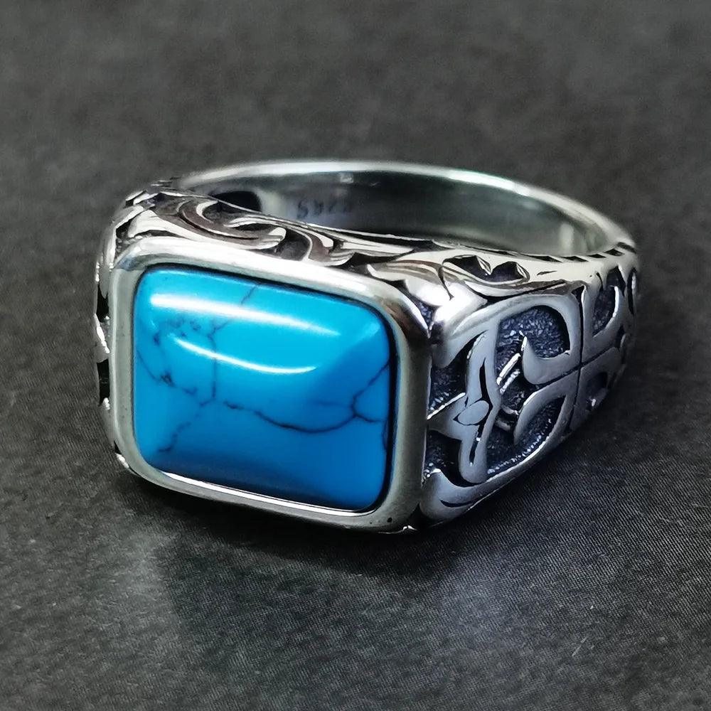 Real Pure 925 Sterling Silver Rings For Men Blue Natural Crystal Turquoise Stone Mens Ring Vintage Engraved Flower Fine Jewelry - GQTORCH Jewelry