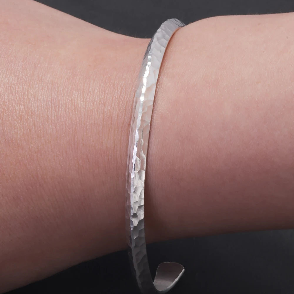 Solid 925 Sterling Silver Hammered Bangle 4mm Open Cuff Bracelet for Women Men Urban Minimalist Chic Retro Party Jewelry