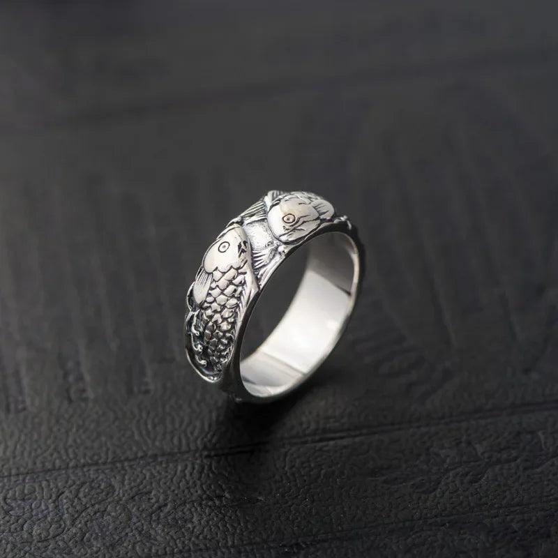 Real 925 Sterling Silver Jewelry Engraved Double Carp Fish Rings For Women and Men Lovers Couples Gift - GQTORCH Jewelry