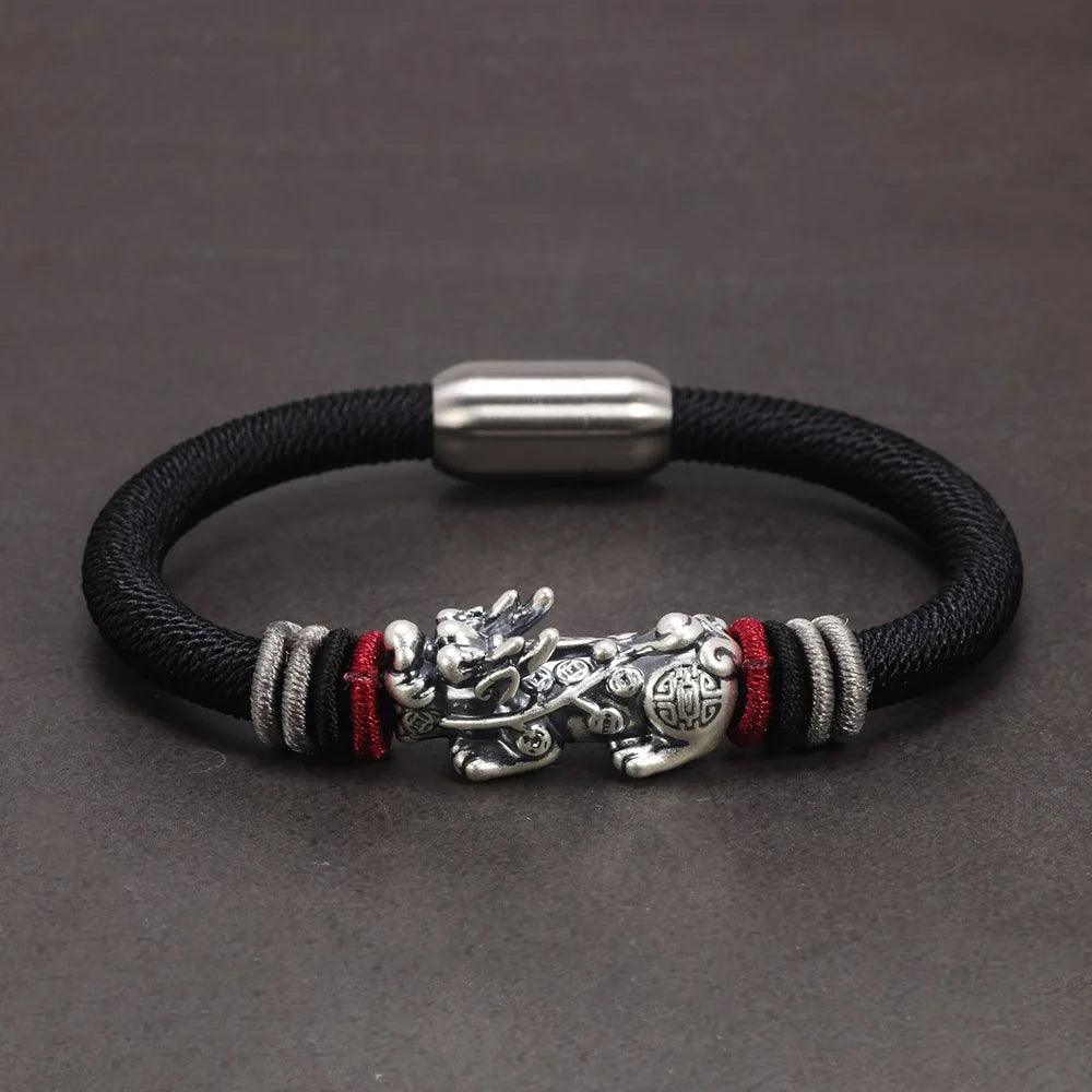 Real 999 Sterling Silver Pixiu Bracelet for Men and Women Magnetic Clasp Hand Braided Lucky Knot Retro Thai Amulet Jewelry - GQTORCH Jewelry