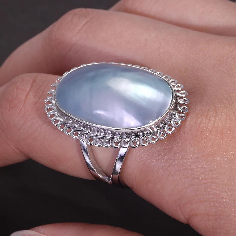 925 Sterling Silver Mabe Pearl Ring Stud Earrings for Women Exaggerated Large Statement Party Jewelry Gift - GQTORCH Jewelry