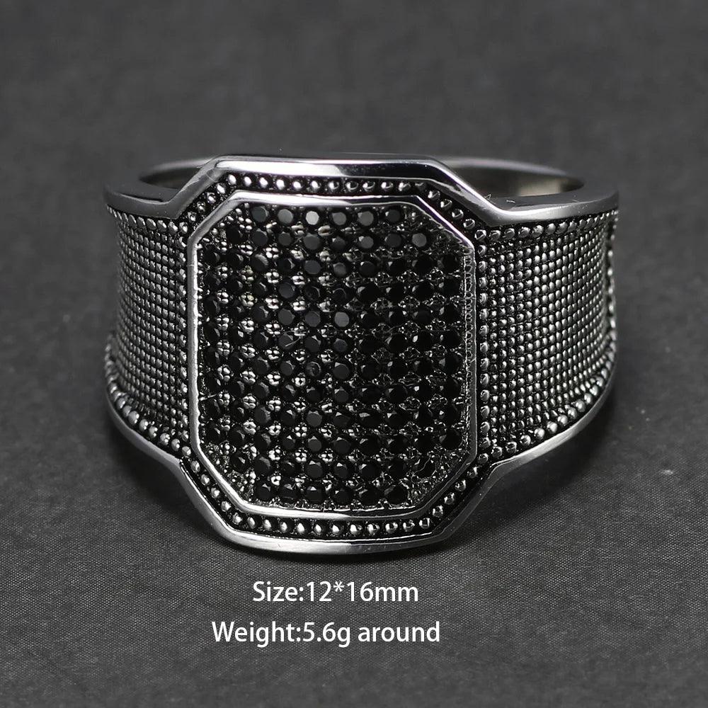 Solid 925 Silver Rings Cool Retro Vintage Turkish Ring Wedding Jewelry For Men Black Zircon Stone Curved Design Comfortable Fits - GQTORCH Jewelry