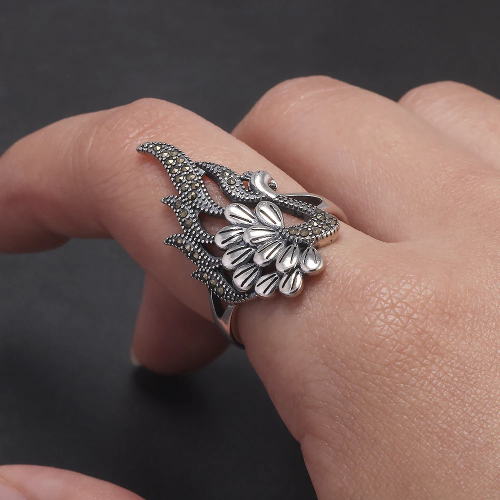 925 Sterling Silver Vintage Peacock Ring for Women Micro Inlaid Hematite Ethnic Style Party Jewelry Gift for Lady Mom