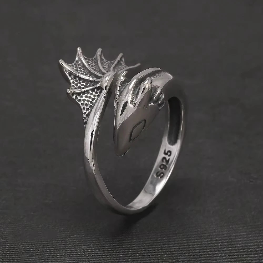 S925 Silver Gothic Pterodactyl Wing Open Ring for Women Men Dragon Punk Retro Rings Adjustable Trendy Jewelry Party  Accessories
