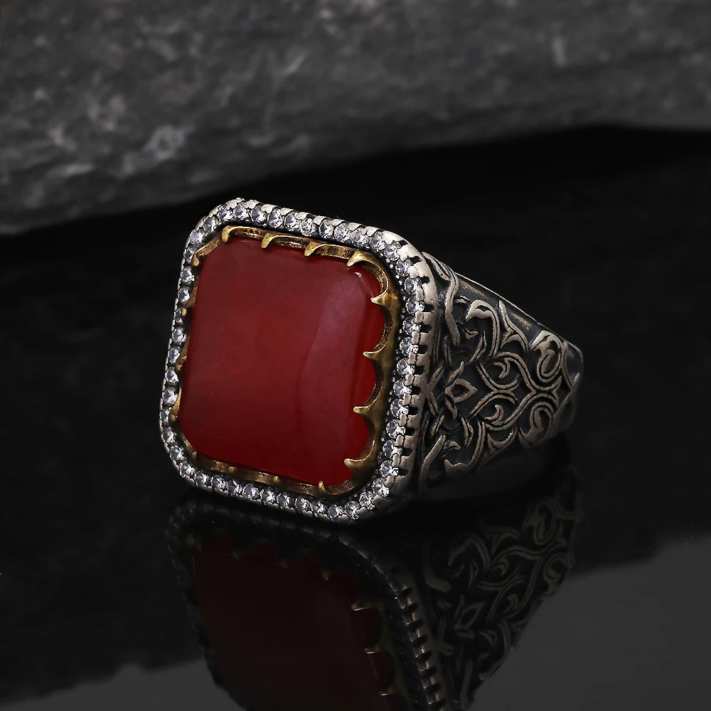 Solid S925 Silver Vintage Natural Stone Signet Ring Red Black Agate Green Jade Flower Engraved Fashion Turkish Wedding Jewelry