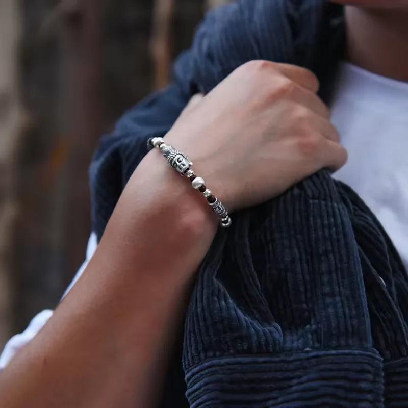 Real 999 Pure Silver Lucky Buddha Handwoven Bracelet for Men and Women Adjustable Lotus Beads Religious Jewelry - GQTORCH Jewelry