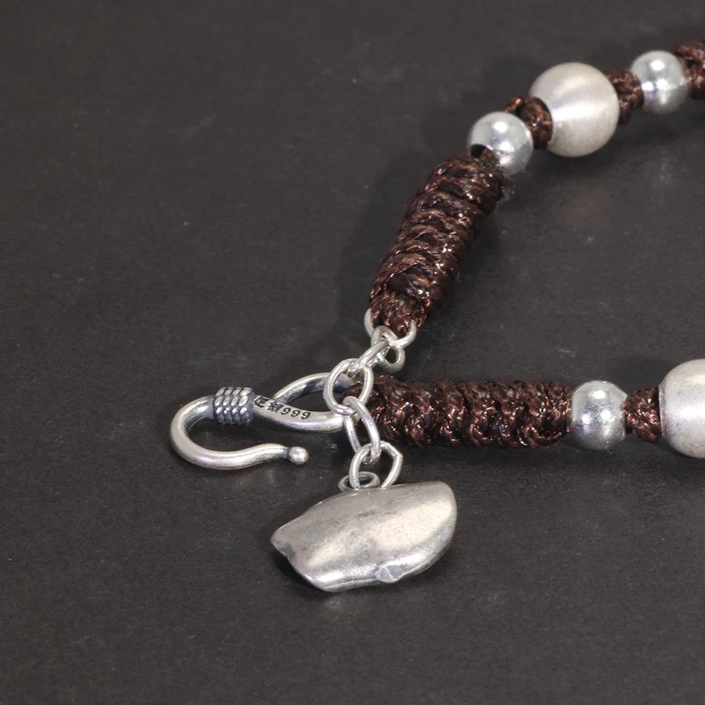 Real 999 Pure Silver Lucky Buddha Handwoven Bracelet for Men and Women Adjustable Lotus Beads Religious Jewelry - GQTORCH Jewelry