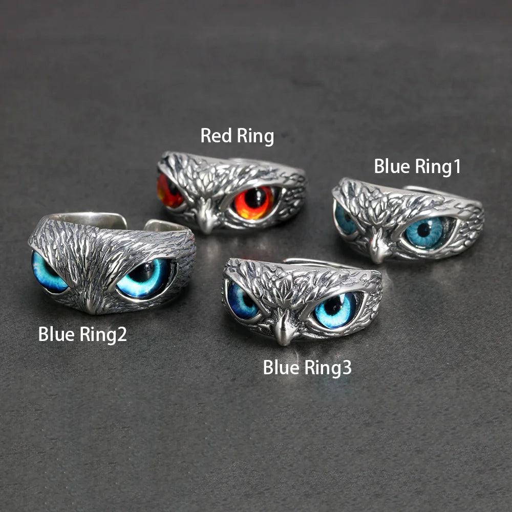 Real 925 Sterling Silver Demon Eye Owl Ring For Women Girl Lovers Retro Animal Open Adjustable Ring Statement Ring Jewelry Gift - GQTORCH Jewelry
