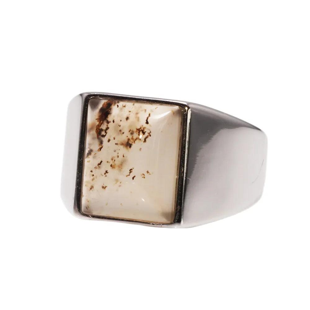 Real Pure 925 Sterling Silver Mens Rings with Natural Agate Original Color Simple Turkish Rings Trendy Male Jewelry - GQTORCH Jewelry
