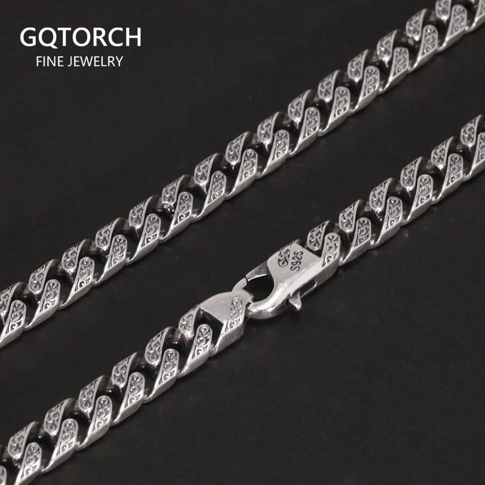 Vintage Tang Grass Pattern Necklace S925 Sterling Silver Hip Hop Punk Rock Men's Cuban Chain Necklace Bracelet Jewelry - GQTORCH Jewelry
