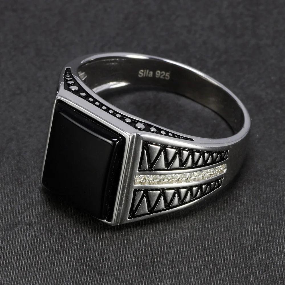 Real 925 Sterling Silver Black Onyx Ring For Men Natural Stone Micro Paved Cubic Zircon Simple Lines Design Turkish Jewelry - GQTORCH Jewelry