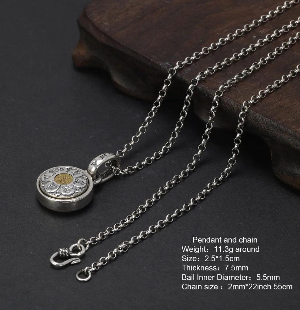 Real 925 Sterling Silver Six True Words Mantra Pendant Necklace Om Mani Padme Hum Rotatable Lucky Retro Religious Jewelry - GQTORCH Jewelry