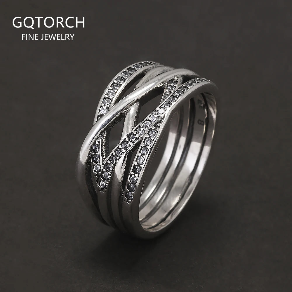 925 Sterling Silver Zircon Braid Ring for Women Closed Irregular Minimalist Vintage Party Female Finger Jewelry