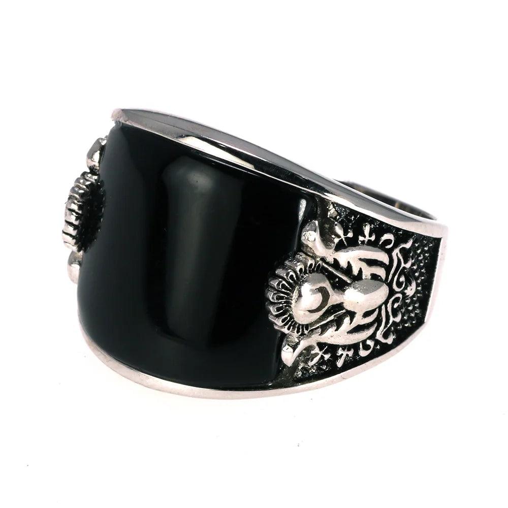 Vintage Punk 925 Rings With Natural Black Onyx Stone Unique Curved Surface Biker Rings For Men - GQTORCH Jewelry
