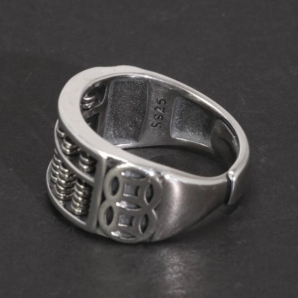 Real S925 Vintage Sterling Silver Wealth Coin Abacus Ring Open Style Men's and Women's Feng Shui Jewelry - GQTORCH Jewelry