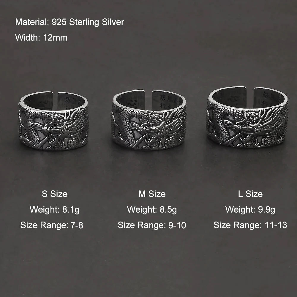 925 Sterling Silver Dragon Ring Heart Sutra Engraved Men Women Opening Type Punk Retro Buddhist Jewelry Accessories