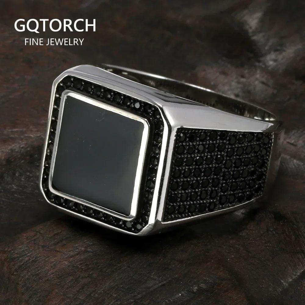 Real 925 Sterling Silver Rings For Men Micro Paved Zircon Stone Biker Men Signet Ring Black Turkey Jewelry - GQTORCH Jewelry